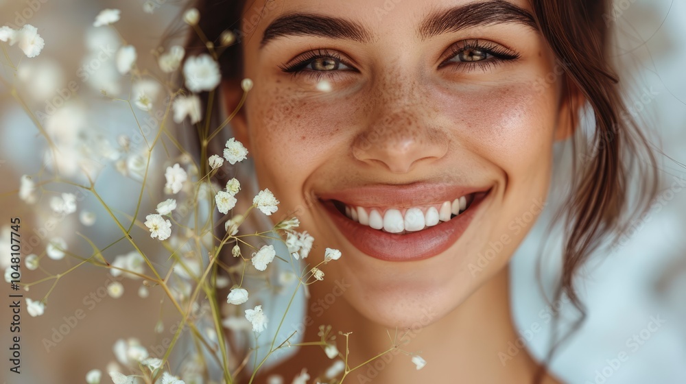Happy woman with bouquet of flowers and radiant smile enjoying outdoor activities on a sunny day, capturing the essence of natural beauty and joy. Happy woman with bouquet of flowers and radiant smile enjoying outdoor activities on a sunny day, capturing the essence of natural beauty and joy.