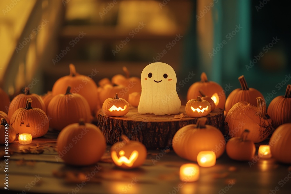 A cheerful ghost figurine surrounded by carved pumpkins and glowing candles, creating a festive, whimsical Halloween ambiance on a cozy autumn night. A cheerful ghost figurine surrounded by carved pumpkins and glowing candles, creating a festive, whimsical Halloween ambiance on a cozy autumn night.