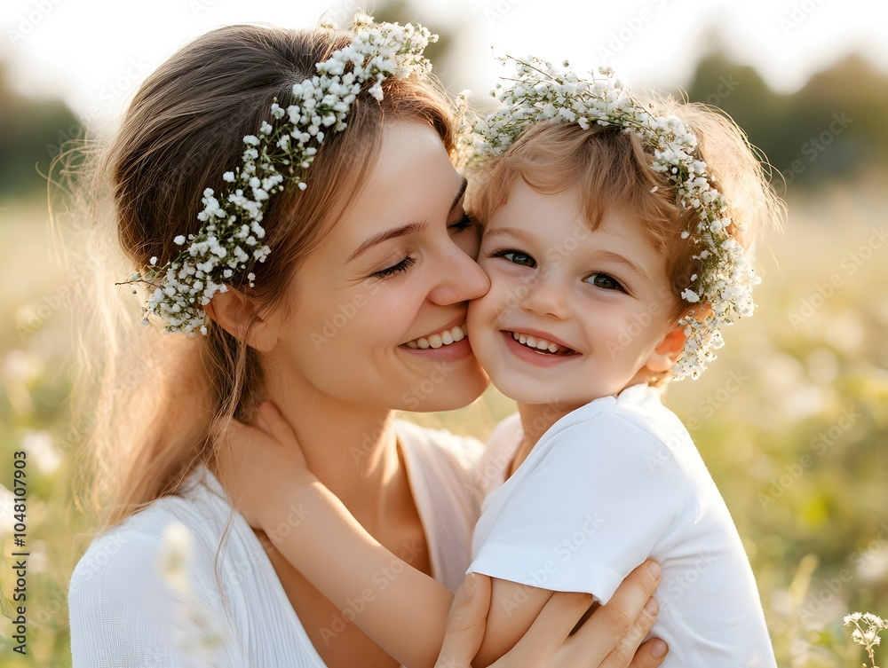 A joyful mother and child share a tender moment in a sunlit field, adorned with floral crowns, embodying love and happiness. A joyful mother and child share a tender moment in a sunlit field, adorned with floral crowns, embodying love and happiness.