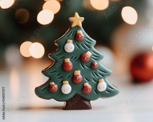 A festive Christmas tree cookie decorated with ornaments, set against a warm, blurred background of holiday lights.