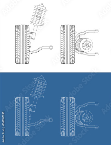 set vector suspension  with tire, rim, brake, caliper and suspension blueprint technical drawing isolated on transparent background
