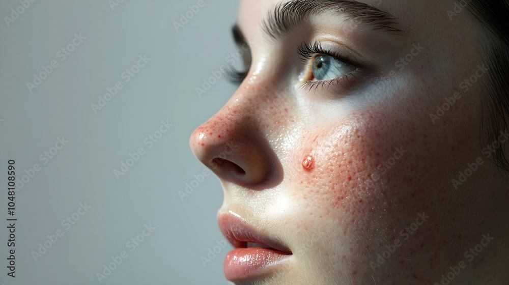 Woman face with red pimples on skin. Acne therapy, inflammation on face and problem skin. Facial treatment, skincare routine and hygiene. Rosacea and couperose. Cosmetic and beauty concept. Woman face with red pimples on skin. Acne therapy, inflammation on face and problem skin. Facial treatment, skincare routine and hygiene. Rosacea and couperose. Cosmetic and beauty concept.