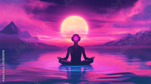 wellness technology, virtual reality meditation landscapes and stress-relief devices, tranquil aesthetics, Illustrations, stock photos