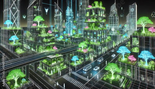 3D Wireframe Eco-Cyberpunk City  