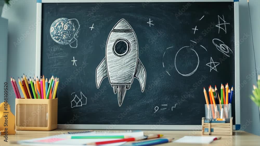 A simple drawing of a rocket ship on a chalkboard, surrounded by planets, stars, and other doodles