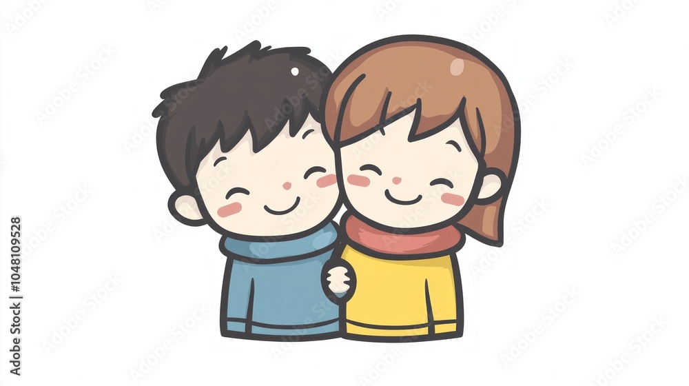 Cute Cartoon Couple: Adorable Characters Standing Together Cute Cartoon Couple: Adorable Characters Standing Together