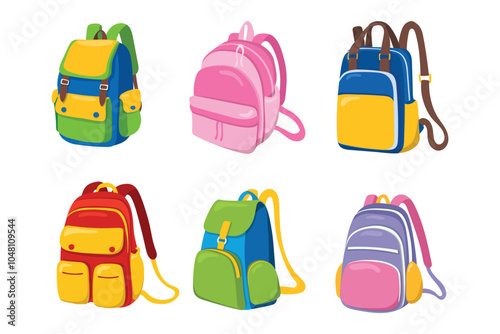 Six cartoon backpacks in various colors, with pockets and straps.