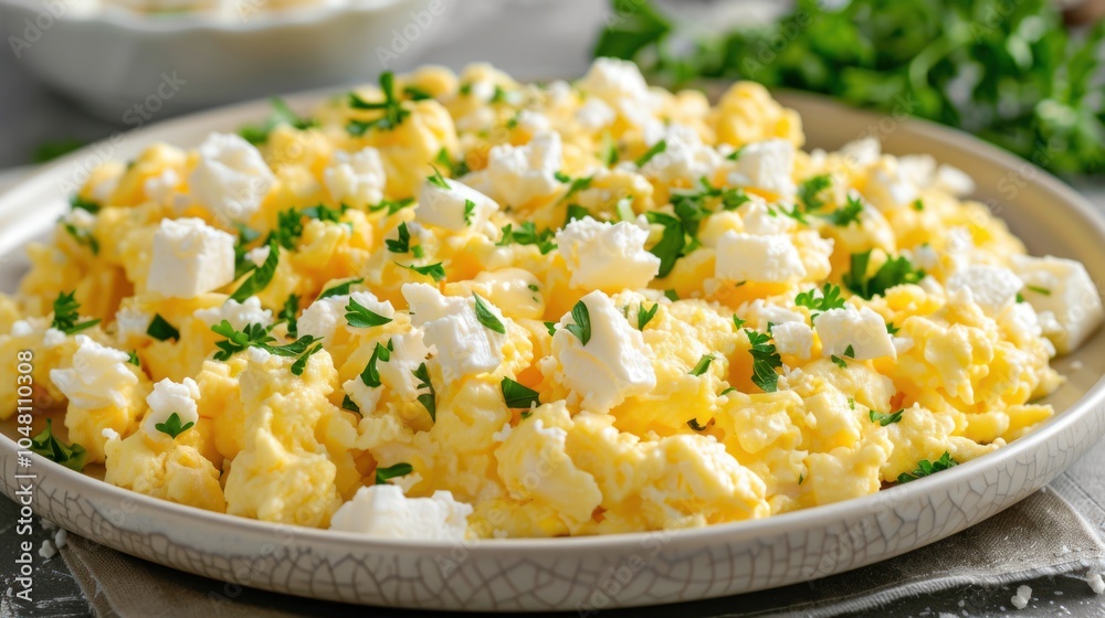 A close-up of designer scrambled eggs on a plate garnished with crumbled feta cheese and fresh parsley, offering a healthy and delicious breakfast option. A close-up of designer scrambled eggs on a plate garnished with crumbled feta cheese and fresh parsley, offering a healthy and delicious breakfast option.