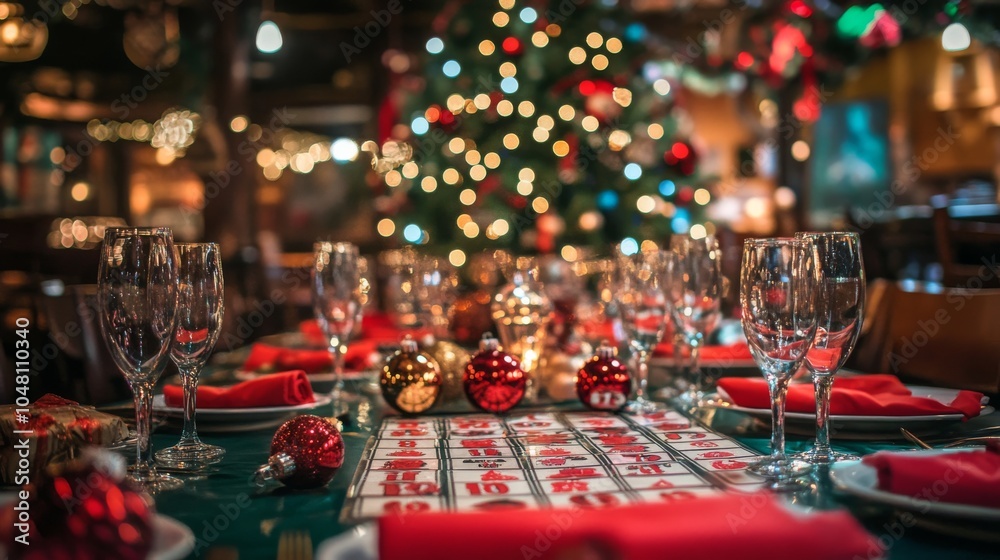 Festive Christmas Party Table Setup with Bingo Game Festive Christmas Party Table Setup with Bingo Game