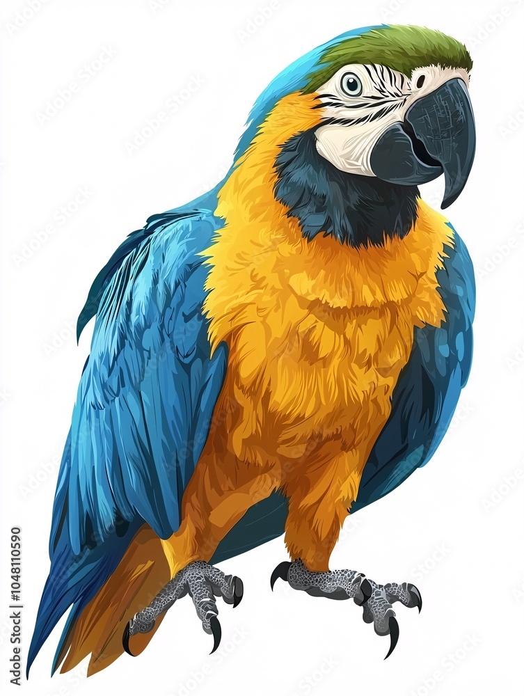 Fototapeta premium Vibrant front-view parrot graphic on a white background, ideal for nature-themed designs and animal artwork.