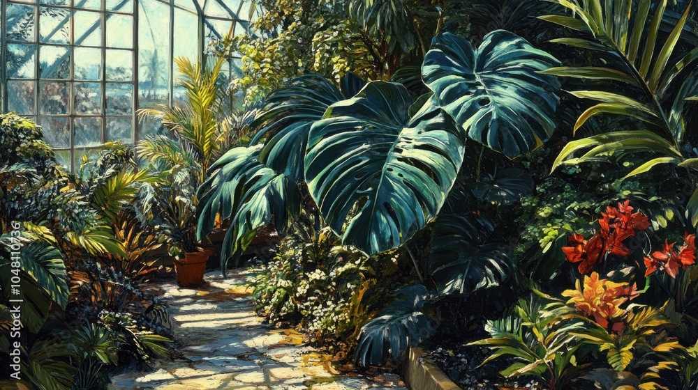 Fototapeta premium A lush tropical plant with large green leaves, set in a greenhouse surrounded by other exotic botanicals and vibrant foliage