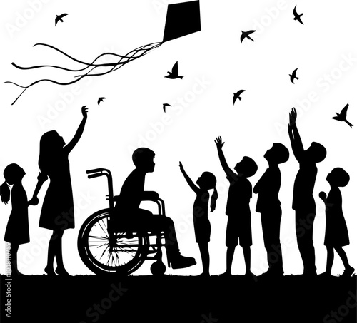 inclusion of a disabled child, a disabled child flies a kite with children