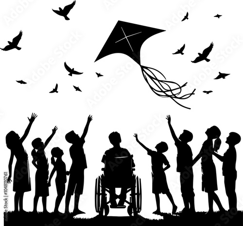 inclusion of a disabled child, a disabled child flies a kite with children