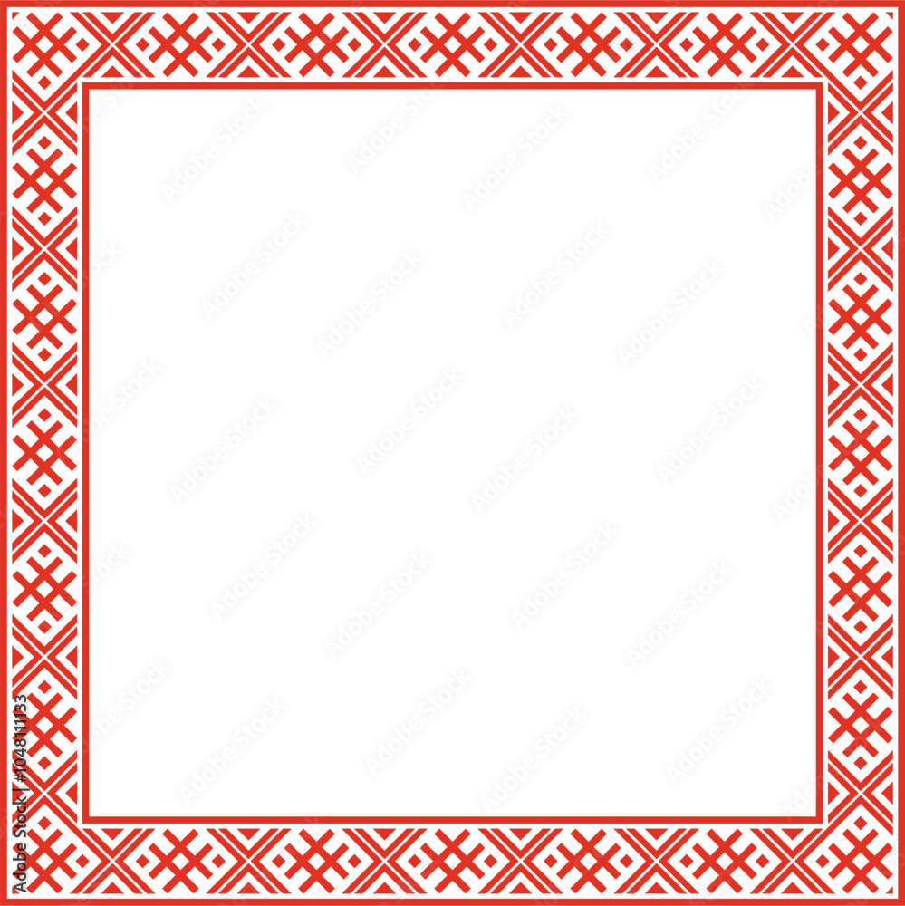 Vector red green square belarusian national ornament frame. Ethnic pattern rectangle of Slavic peoples, Russian, Ukrainian, Serb, Pole, Bulgarian. Cross stitch template