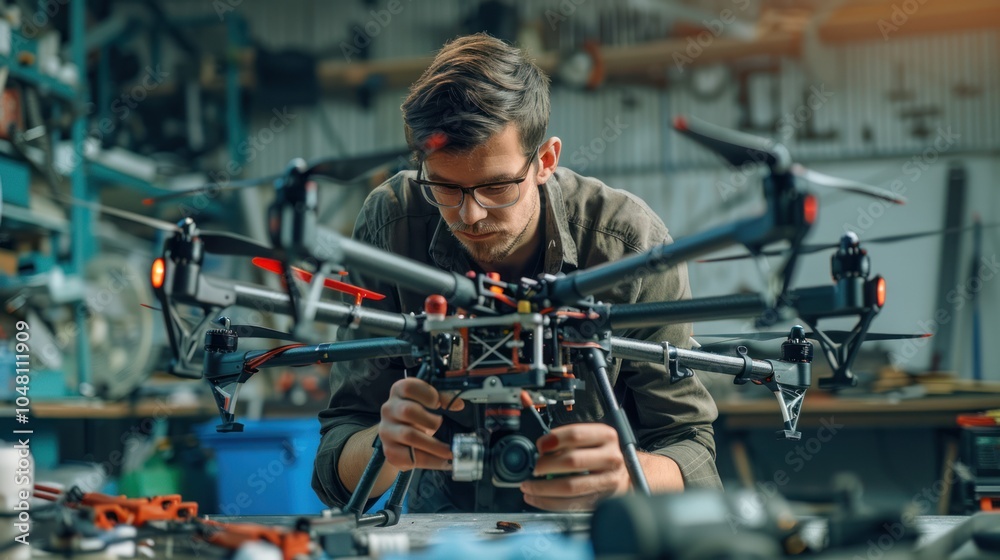 Man Inspecting and Adjusting a Drone in a Workshop Man Inspecting and Adjusting a Drone in a Workshop