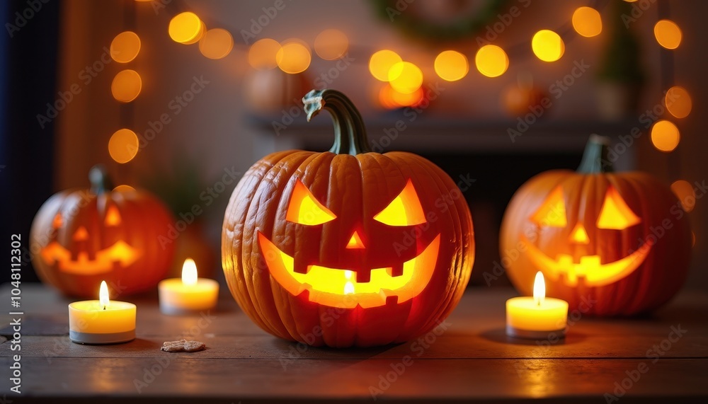 Pumpkin carving process by candlelight with Halloween-themed decorations in the background creating a spooky and festive vibe. Pumpkin carving process by candlelight with Halloween-themed decorations in the background creating a spooky and festive vibe.