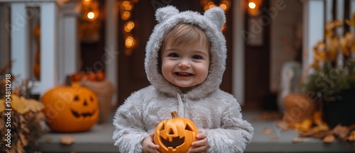 A joyful toddler in a fluffy bear hoodie holds a glowing Jack O Lantern, surrounded by festive pumpkins on a charming autumn porch, capturing Halloween spirit.