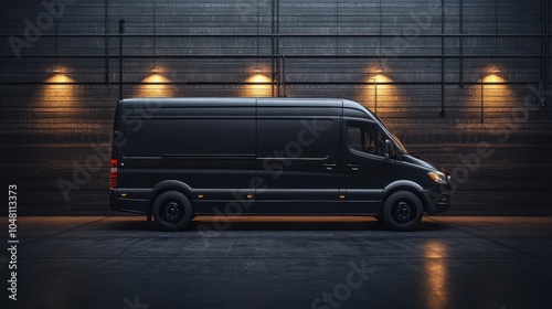 Sleek Black Cargo Van Mockup in Studio Setting for Automotive Advertising and Promotional Use photo