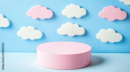 A stylish pink product display podium against a sky-blue background with pastel clouds, creating a calming and creative scene