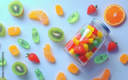 Wallpaper Mural Calcium Gummies with Fruits: A colorful assortment of calcium gummies spilling from a bottle, with fresh fruit slices like oranges, kiwi, and strawberries arranged artfully around them. Torontodigital.ca