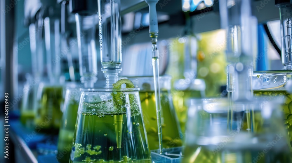 Close-up of Laboratory Equipment with Green Liquid and Dropper