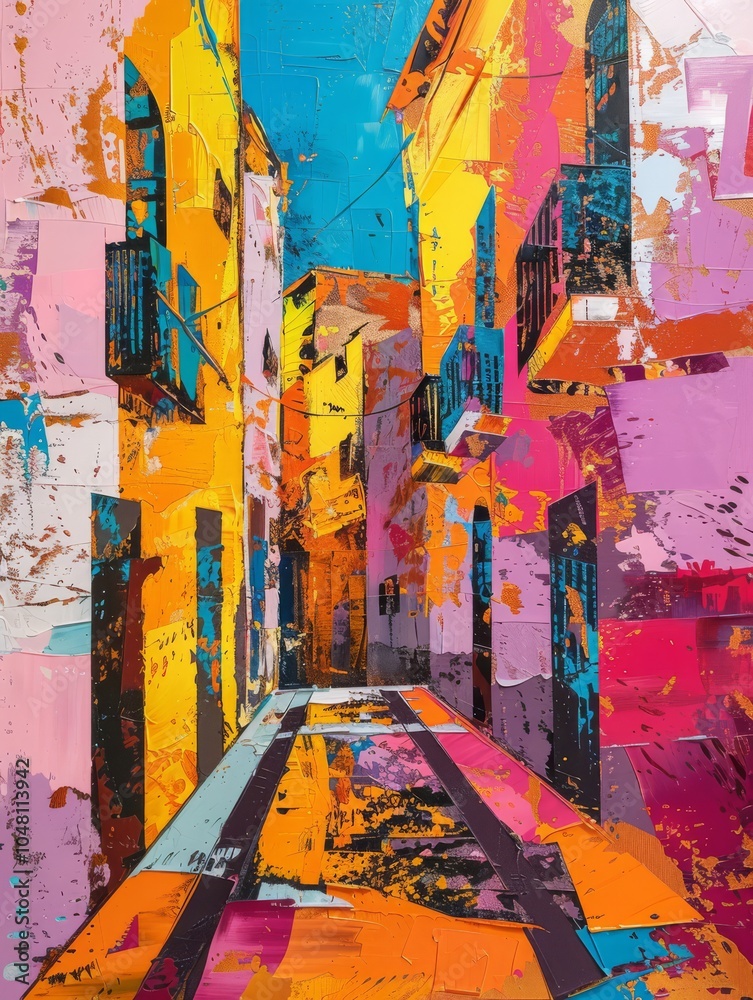 Fototapeta premium Vibrant Cityscape: A burst of color in a painting of a narrow street, showcasing bold hues and dynamic brushstrokes. A vivid expression of urban energy. 