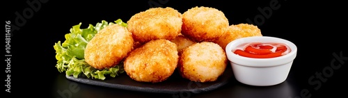 Close-up of crispy, golden brown fried food on a black slate platter with a side of red sauce and lettuce.