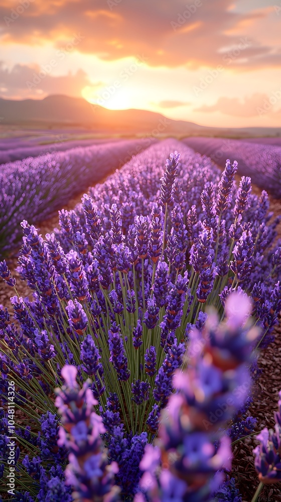 Fototapeta premium A breathtaking sunset illuminates a vibrant lavender field, with rows of blooming purple flowers stretching toward the horizon, creating a serene and peaceful atmosphere.
