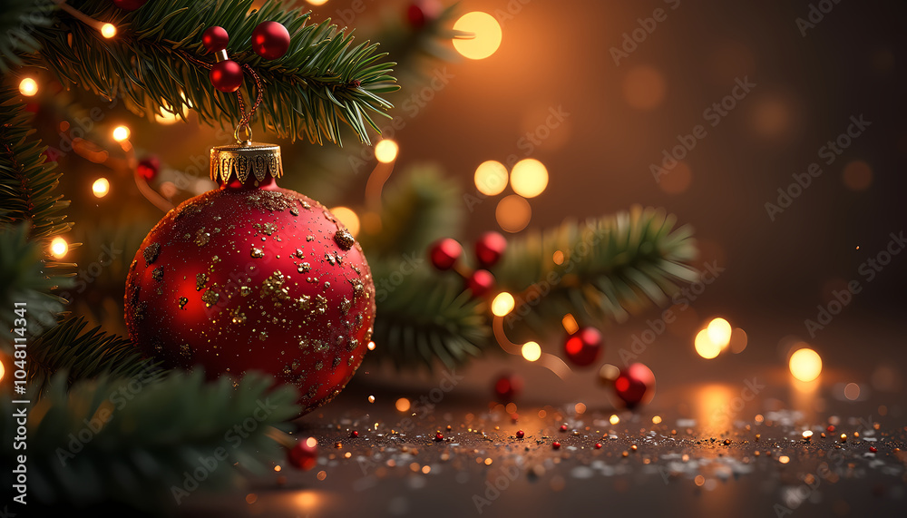 Red Christmas Ornament with Glitter on Tree Branch, Warm Lights Background Red Christmas Ornament with Glitter on Tree Branch, Warm Lights Background