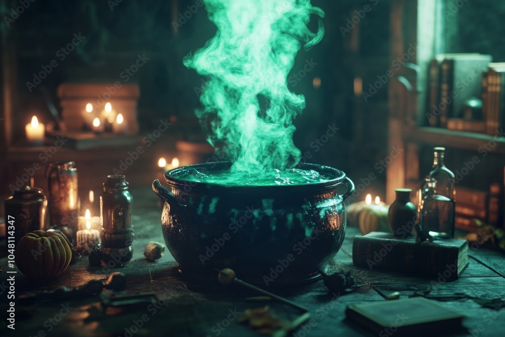 A mystical witchâ€™s brew bubbling in a dark room, surrounded by glowing candles, ancient books, and potion bottles, casting an enchanting green mist.