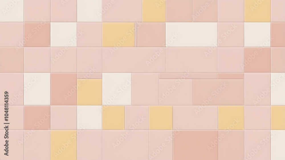 digital abstract artwork featuring a grid layout composed of small, square tiles includes soft pastel shades of pink, peach, cream, and light yellow, creating a harmonious and soothing visual effect