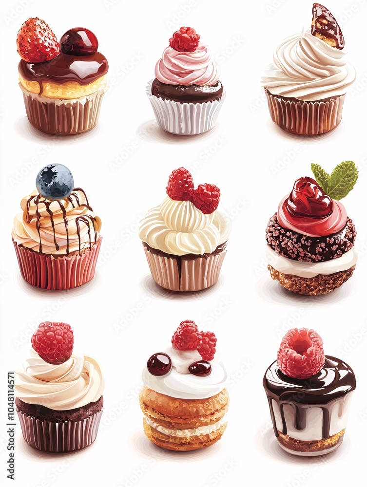 graphic of distinctive specialty desserts and pastries on a white background, perfect for culinary designs. graphic of distinctive specialty desserts and pastries on a white background, perfect for culinary designs.
