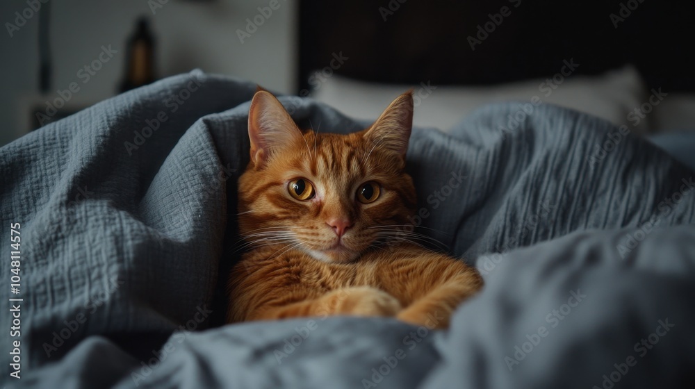 Adorable red-haired Scottish fold cat with yellow eyes relaxing on a bed, cozy and comfortable, perfect for pet-themed content - Adorable red-haired Scottish fold cat with yellow eyes relaxing on a bed, cozy and comfortable, perfect for pet-themed content -
