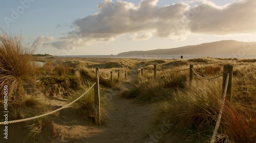 A roped path leading to the beach at sunset, Waikanae, New Zealand. photo