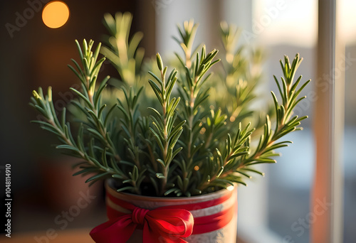 Potted rosemary plant with red ribbon by window in warm evening light