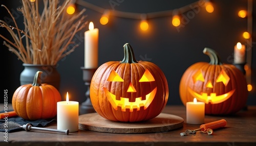 DIY pumpkin carving station set up for Halloween party guests with various tools, candles, and spooky decorations ready to use.