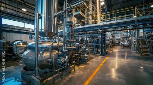 Industrial Factory Interior with Large Metal Tanks and Pipelines