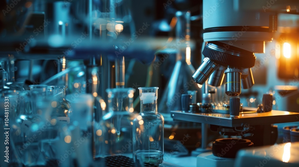 A Microscope and Glassware in a Scientific Laboratory Setting A Microscope and Glassware in a Scientific Laboratory Setting