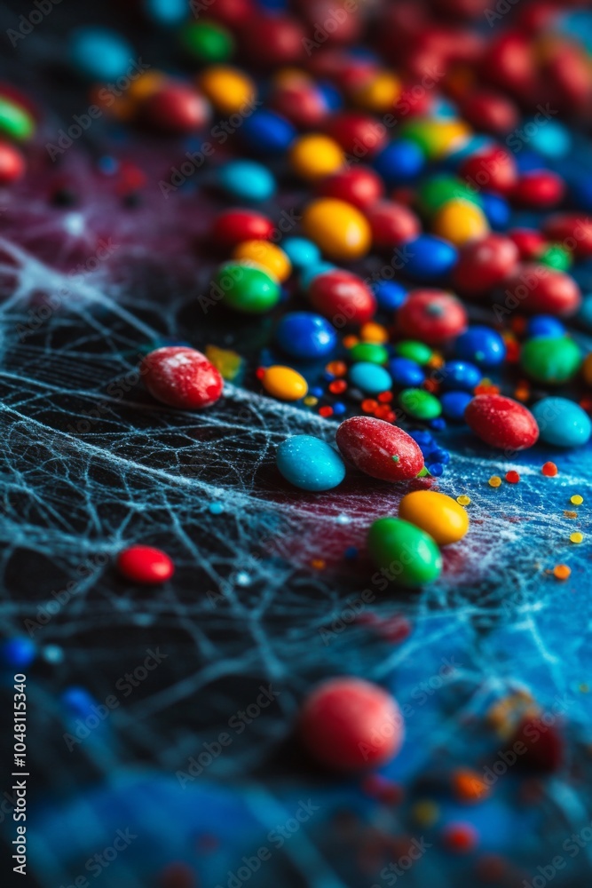 A vibrant array of colorful candies scattered across a dark background, intertwined with delicate spider webs, creating a playful yet eerie Halloween atmosphere. A vibrant array of colorful candies scattered across a dark background, intertwined with delicate spider webs, creating a playful yet eerie Halloween atmosphere.