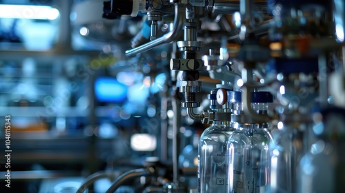 Close-up of Industrial Piping and Glass Vessels in a Factory Setting