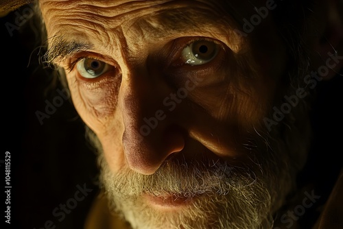 introspective moment of a bearded man in sunlight, reflecting peacefulness and strength in a calming setting