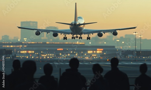 3D model of a commercial airplane taking off from a busy airport runway, with passengers watching through the terminal window