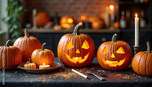 DIY pumpkin carving station set up for Halloween party guests with various tools, candles, and spooky decorations ready to use.