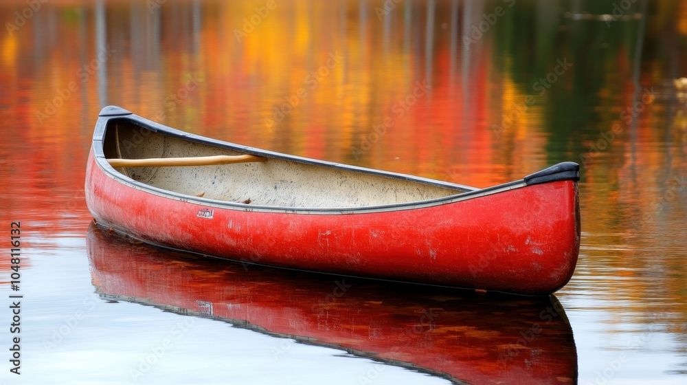 Canoe resting on a tranquil lake in autumn, with bright foliage in the background and calm water reflecting the colorful leaves. Canoe resting on a tranquil lake in autumn, with bright foliage in the background and calm water reflecting the colorful leaves.