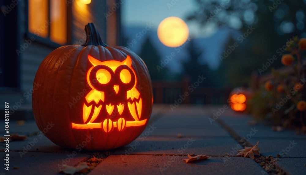 Fototapeta premium A glowing pumpkin with an owl design carved into it placed on a porch illuminated by moonlight creating a mysterious Halloween vibe.