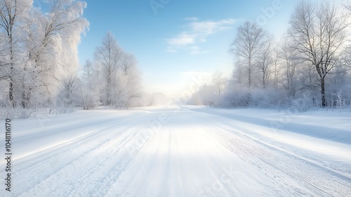 Serene winter landscape a tranquil scene of snow-covered trees and an endless white road under a blue sky
