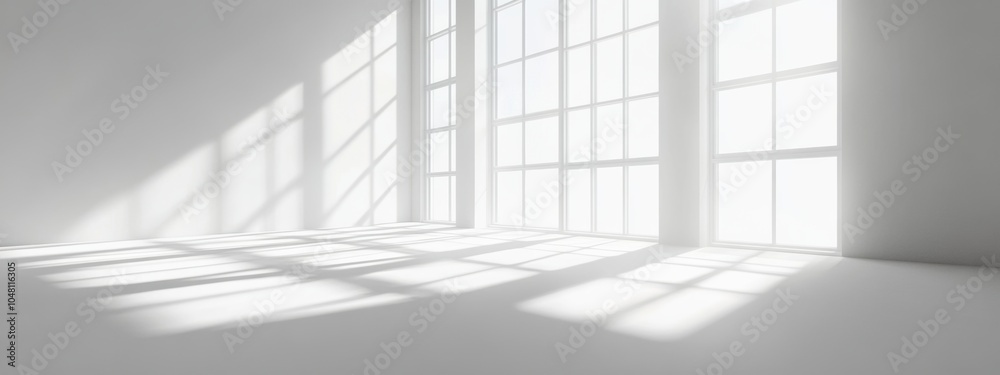 Obraz premium Serene White Space with Soft Shadows, Expansive Windows, Inviting Natural Light, Tranquil Atmosphere, Open to the Sky