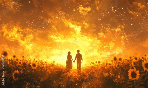 Silhouetted couple holding hands in a field of sunflowers, the sunset casting a golden light over the entire scene, 3D illustration