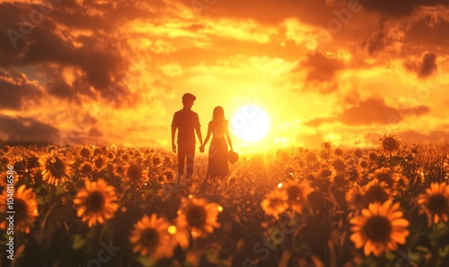 Silhouetted couple holding hands in a field of sunflowers, the sunset casting a golden light over the entire scene, 3D illustration