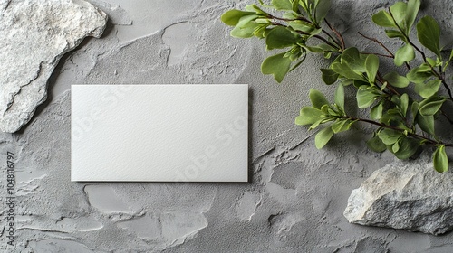 White paper business card, mockup with natural stone and boxwood branch on gray concrete background.